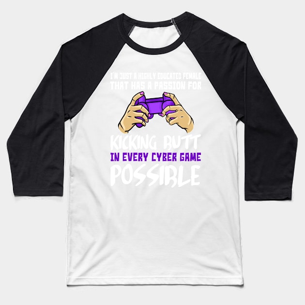 Gamer Girl Kicking Butt Cyber Games Baseball T-Shirt by Prairie Ridge Designs